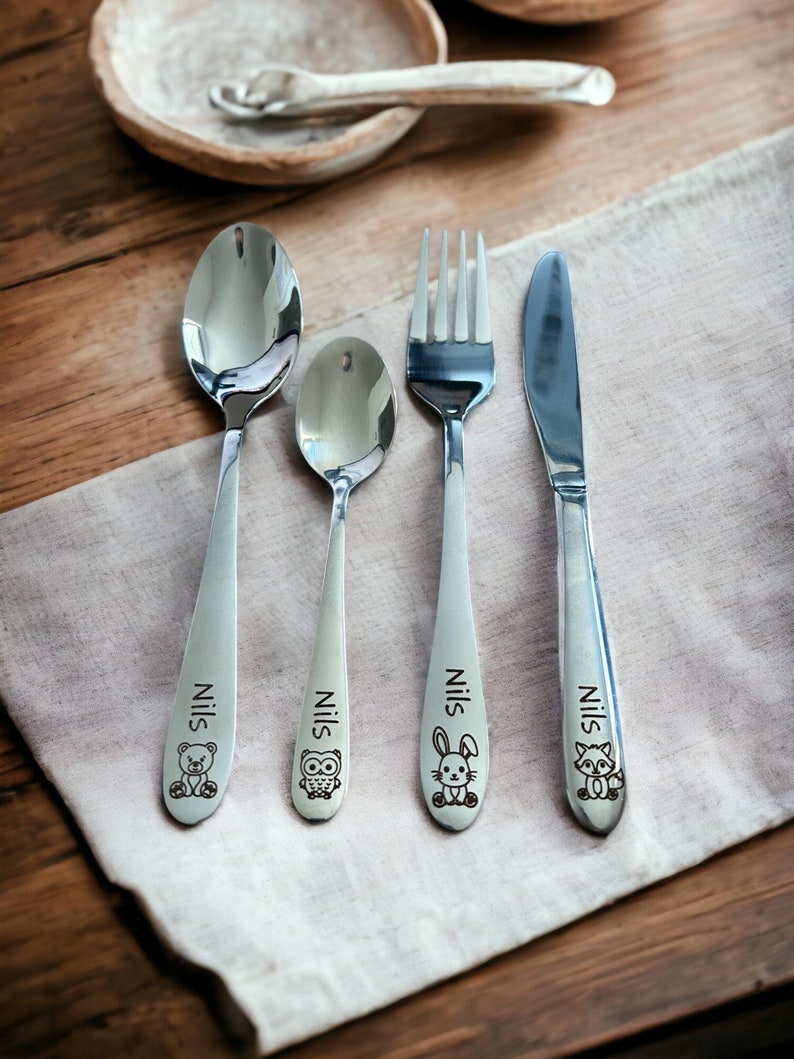 Personalized cutlery for children with engraving Forest motifs forest animals Children's cutlery including wooden box and breakfast board image 1