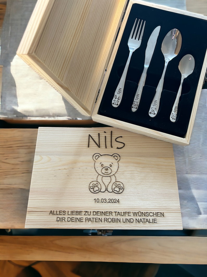 Personalized cutlery for children with engraving Forest motifs forest animals Children's cutlery including wooden box and breakfast board Besteck Box