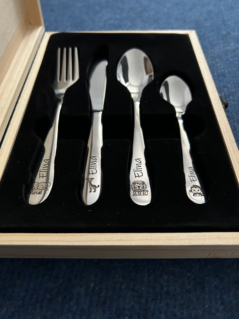 Children's cutlery with engraving / Safari / including wooden box / Personalized with name / Gift idea / Birth / Personalized / Baptism gift image 3