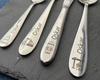 Children's cutlery with engraving / construction site / personalized with name / gift idea / birth / baby / cutlery / stainless steel / christening gift