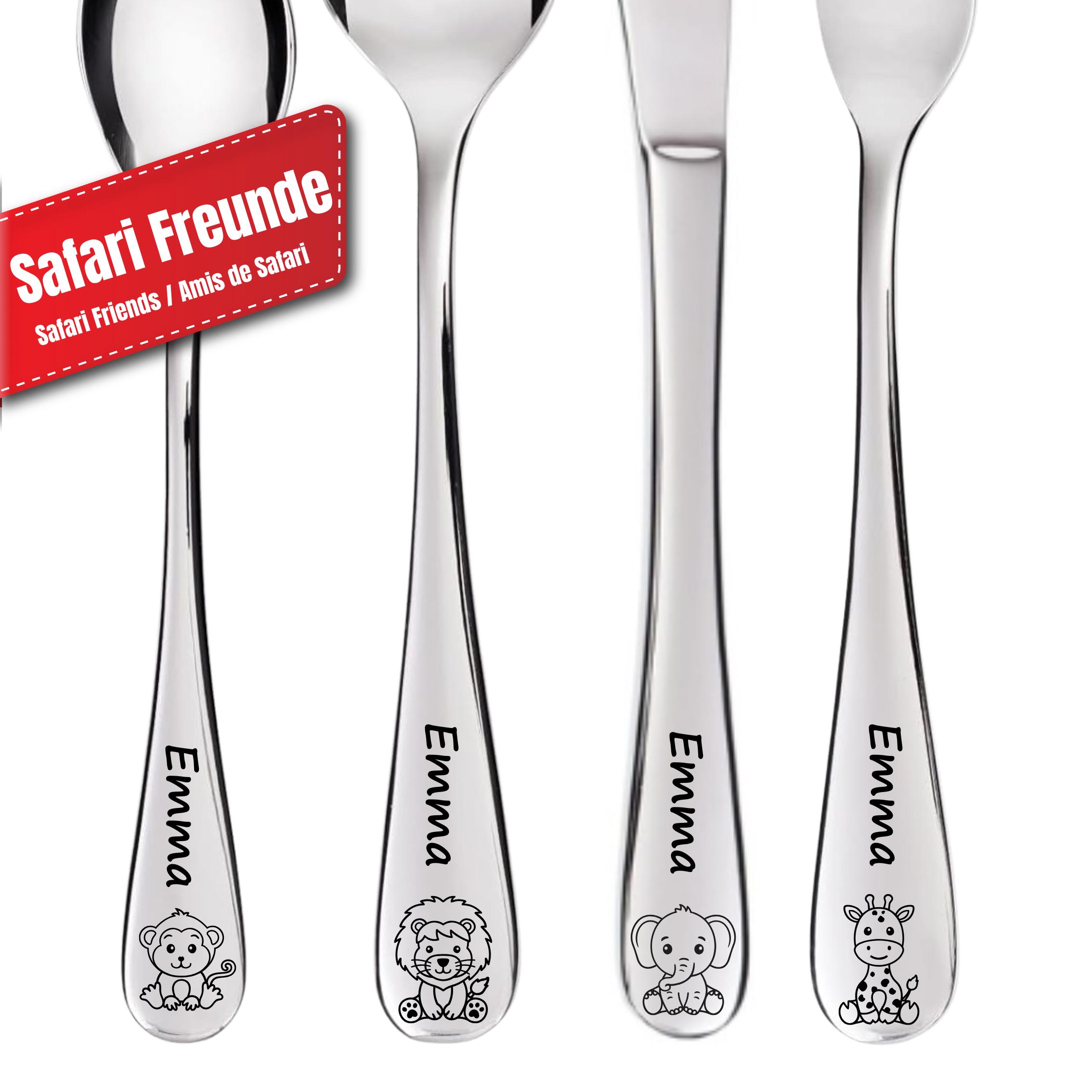 Set De 4 Couverts Enfant Personnalisés Safari | Inox 18/10 | Gravés Au Prénom | Cadeau Naissance, Baptême