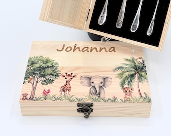 Personalized children's cutlery with name engraving – Safari motif optional – Colored wooden box – Gift for birth & christening – Christening gift idea