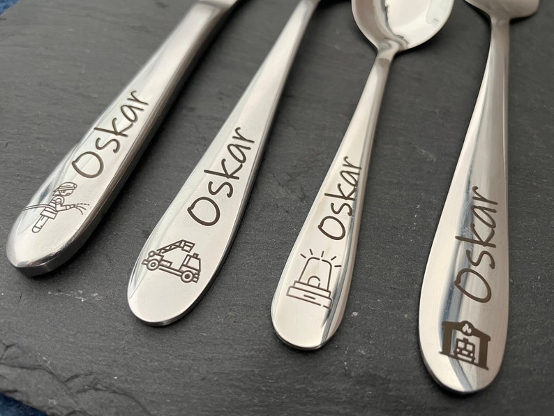 Children's cutlery with engraving / Safari / including wooden box / Personalized with name / Gift idea / Birth / Personalized / Baptism gift Feuerwehr mit Box