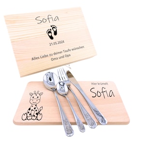 Personalisiertes Kinderbesteck mit Namen – Frühstücksbrett & Holzbox – Taufgeschenk Geburtstagsgeschenk Baby – Gravur Name und Taufdatum