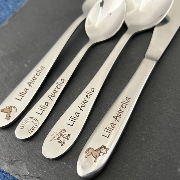 Children's cutlery with engraving / horse / personalized with name / gift idea / birth / baby / cutlery / stainless steel / christening gift