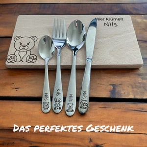 Personalized cutlery for children with engraving Forest motifs forest animals Children's cutlery including wooden box and breakfast board image 5