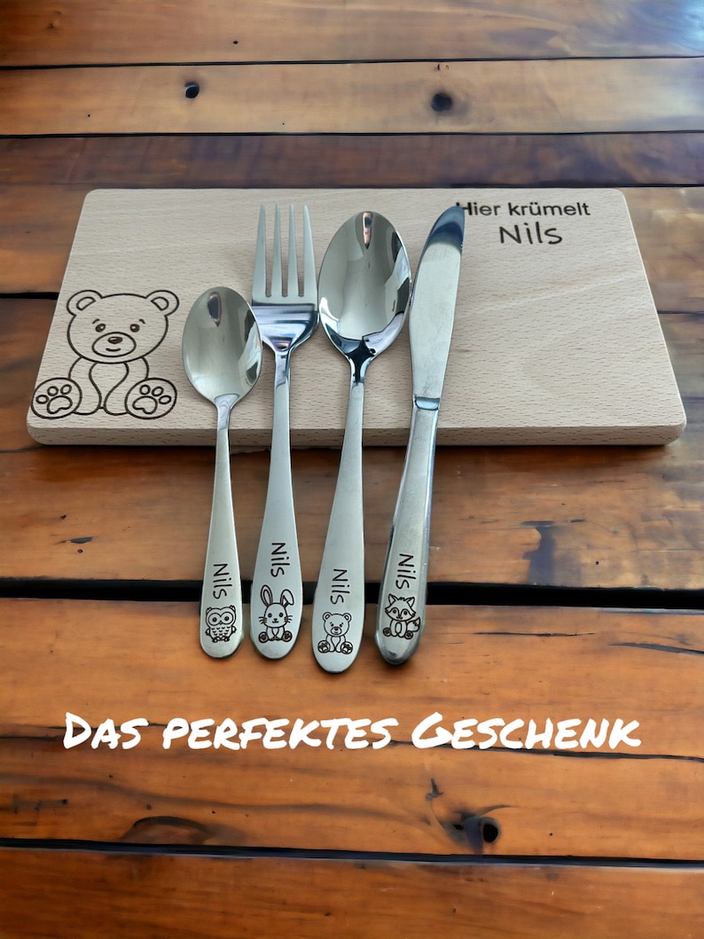 Personalized cutlery for children with engraving Forest motifs forest animals Children's cutlery including wooden box and breakfast board image 5