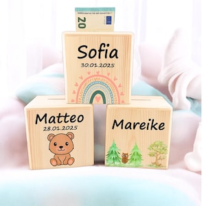 Personalized wooden money box with name – gift for birth, baptism or birthday for children