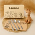 Personalized children's cutlery Safari Friends motifs & names | Gift for christening, birth, or birthday | Optional wooden box and breakfast board