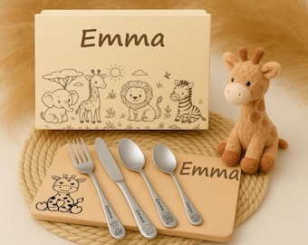 Gepersonaliseerd kinderbestek met safari-motieven en namen | Cadeau voor doop, geboorte of verjaardag | Optioneel verkrijgbaar: houten doos en ontbijtplank