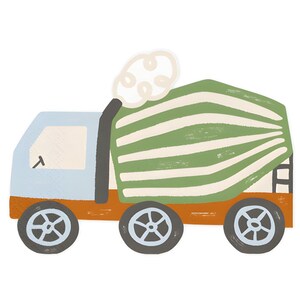 Puede incluir: Ilustración colorida de un camión hormigonera. El camión tiene una cabina azul claro, una base naranja y una mezcladora a rayas verdes y blancas. Las ruedas son grises con detalles blancos, y una bocanada de humo se eleva de la chimenea.