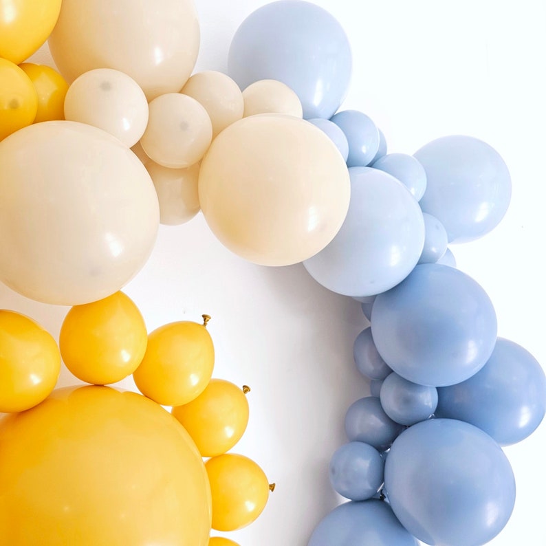 May include: A garland of balloons in shades of yellow and blue. The balloons are arranged in a circular shape, with the yellow balloons on one side and the blue balloons on the other.