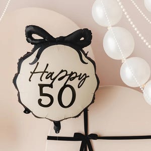 Elegant 50th Birthday Balloon: Cream & Black With Bow