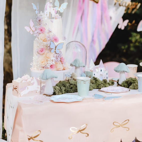 Pastel Pink Paper Tablecloth With Gold Bows: Pink Decorations for Kids Birthday Parties, 180 Cm X 120 Cm