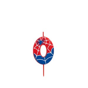 May include: A zero-shaped birthday candle in red, white, and blue. The candle has a spiderweb design and a blue spider graphic. It is designed for a birthday celebration.