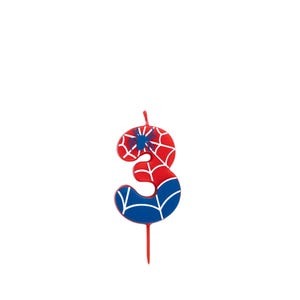 May include: A number three birthday candle in red, white, and blue, featuring a spiderweb design and a blue spider. The candle is designed with a red stem and is suitable for a birthday celebration.