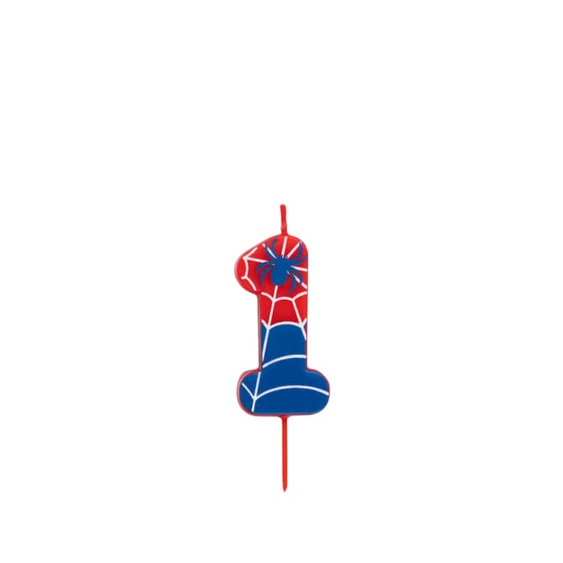 May include: A red, white, and blue number one candle featuring a spider web design and a blue spider. The candle has a red base and a red wick. Ideal for a first birthday celebration.