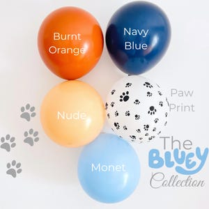 Op de afbeelding: Vijf ballonnen in verschillende kleuren: verbrand oranje, marineblauw, nude, pootafdruk en Monet blauw. De pootafdrukballon is wit met zwarte pootafdrukken. De tekst op de ballonnen luidt: Burnt Orange, Navy Blue, Nude, Paw Print en Monet. Het logo The Bluey Collection is ook zichtbaar.