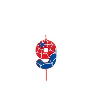 May include: A number 9 birthday candle with a Spider-Man theme. The candle is red and blue, with a white web design and a blue spider. The candle is designed for a birthday celebration.