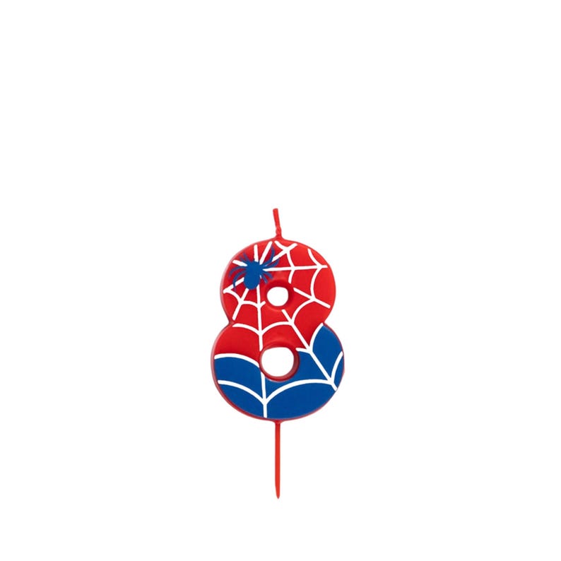 May include: A red, white, and blue number 8 birthday candle with a spiderweb design. The candle has a blue spider graphic and a red wick. The candle is approximately 7.6 cm tall.