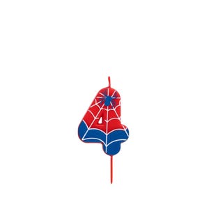 May include: A red, white, and blue number 4 birthday candle with a Spider-Man theme. The candle features a spiderweb design and a blue spider. The candle is approximately 7.6 cm tall.