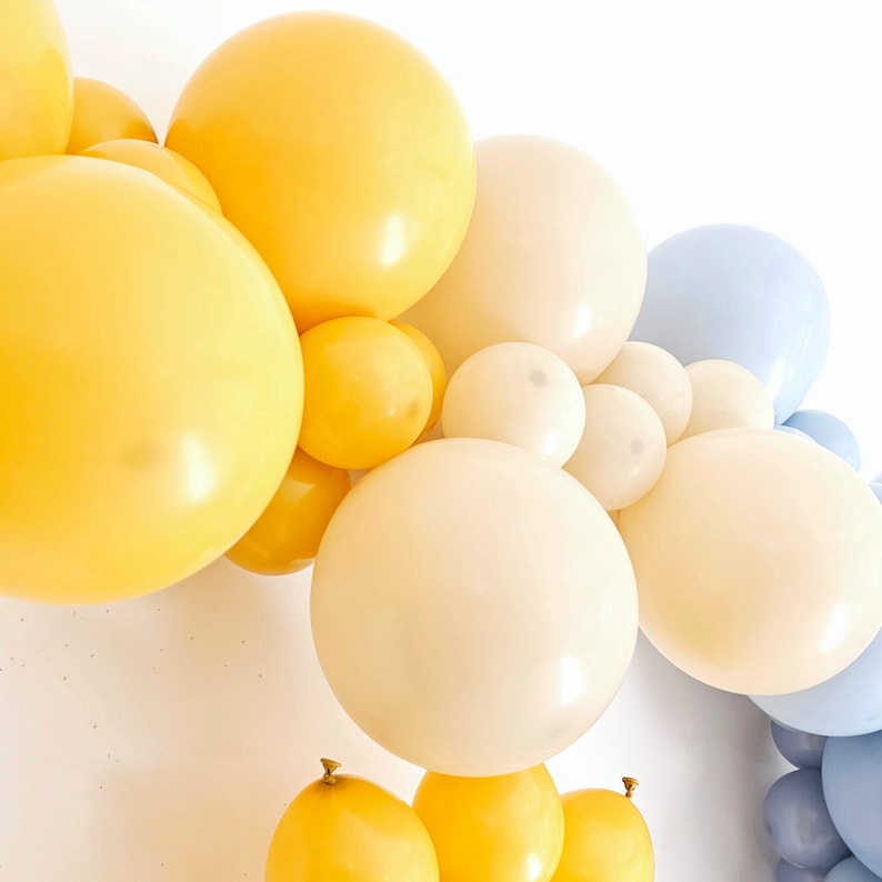 May include: A balloon garland with yellow, white, and blue balloons. The garland is made up of different sizes of balloons, creating a layered effect.