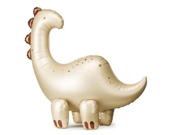 Pode incluir: Um balão grande em forma de dinossauro bege com detalhes castanhos na coluna e nos pés. O balão tem um pescoço e uma cauda longos, com pequenas manchas castanhas no corpo. Perfeito para uma festa com tema de dinossauros.