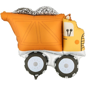 Puede incluir: Globo de camión volquete naranja y amarillo con detalles en blanco y negro. El camión tiene ruedas negras grandes con centros blancos y está lleno de un diseño de garabatos en blanco y negro. El camión está diseñado con características de dibujos animados.