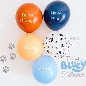 Puede incluir: Cinco globos coloridos: naranja quemado, azul marino, nude, huella de pata y azul Monet. El globo de huella de pata es blanco con huellas negras. El texto en los globos dice "Burnt Orange", "Navy Blue", "Nude", "Monet" y "Paw Print". También se ve el logotipo de The Bluey Collection.
