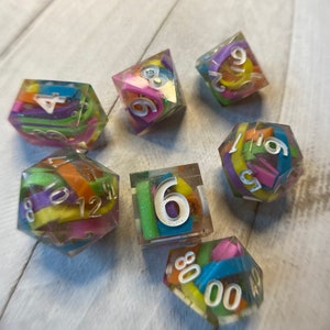 90s Kid-Standard sized 8 piece dice set resin handmade ttrpg dnd dungeons and dragons wizard Paladin cleric Druid sorcerer rogue bard