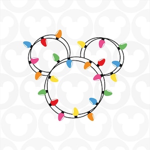 May include: A festive design featuring a Mickey Mouse silhouette made of black circles adorned with colorful Christmas lights. The lights are in various colors, including red, green, yellow, orange, pink, and blue, creating a cheerful holiday theme.