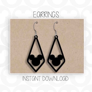 May include: Black dangle earrings with a Mickey Mouse silhouette inside a diamond shape. The earrings are on a brown background with the text "EARRINGS" and "INSTANT DOWNLOAD".