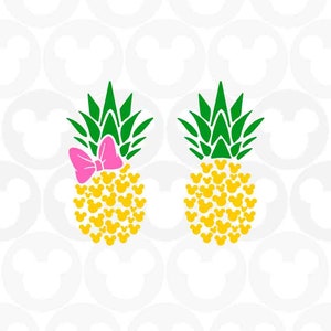 May include: Two yellow pineapples with green tops and a pink bow on one. The pineapples are made up of small yellow Mickey Mouse heads.
