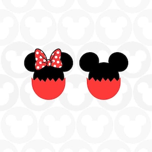 May include: A red and black Easter egg design featuring Mickey Mouse and Minnie Mouse. Minnie Mouse has a red bow with white polka dots.