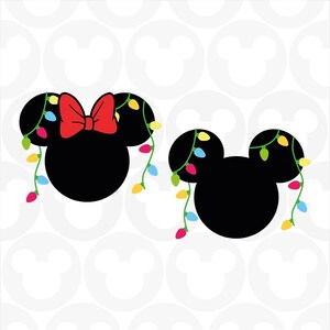 May include: Two black Mickey Mouse head silhouettes with colorful Christmas lights. One has a red bow. The background features a pattern of Mickey Mouse heads in a lighter shade of gray.