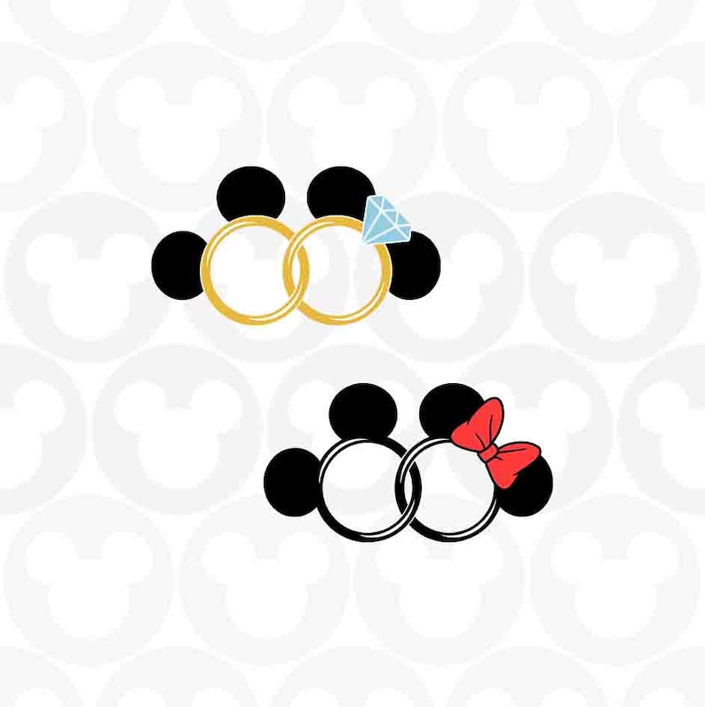 May include: Two sets of Mickey Mouse-themed ring designs. The top design features two gold rings and a diamond. The bottom design has two rings and a red bow. The background is a pattern of Mickey Mouse heads.