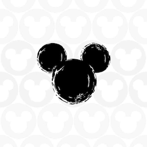 May include: Black and white silhouette of Mickey Mouse's head with a rough, textured brushstroke effect.