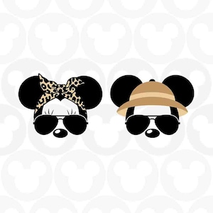 May include: A black and white illustration of Mickey Mouse and Minnie Mouse wearing sunglasses. Minnie Mouse is wearing a leopard print headband and Mickey Mouse is wearing a brown safari hat.