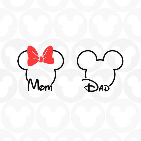 Mom Dad, Family, Mickey Minnie Mouse, Outline, Head Ears Bow, Svg Png Formats, Instant Download, Silhouette, Cricut