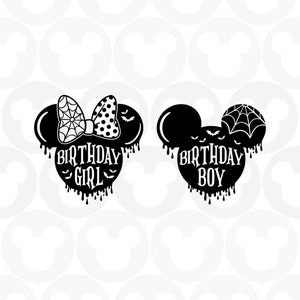 May include: Black and white silhouette of Mickey Mouse ears with a spiderweb and bats. The text "Birthday Girl" is inside the left ear and "Birthday Boy" is inside the right ear.