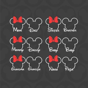 Family Names Bundle, Mickey Minnie Mouse Nana Papa Sis Bro Baby Mom Dad Head Ears Bow, Svg Png Formats, Instant Download, Silhouette, Cricut