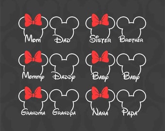 Family Names Bundle, Mickey Minnie Mouse Nana Papa Sis Bro Baby Mom Dad Head Ears Bow, Svg Png Formats, Instant Download, Silhouette, Cricut