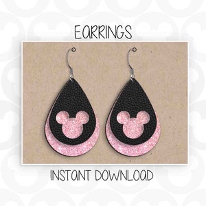 May include: A pair of dangle earrings with a pink glitter Mickey Mouse head silhouette on a black background. The earrings are made of leather and have a teardrop shape. The text "EARRINGS" and "INSTANT DOWNLOAD" are visible in the image.