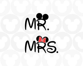 Mr & Mrs, Mickey Minnie Mouse, Ears Bow, Svg Png Formats, Instant Download, Silhouette Cameo, Cricut