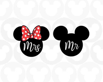 Mr & Mrs, Mickey Minnie Mouse, Ears Bow, Svg Png Formats, Instant Download, Silhouette Cameo, Cricut