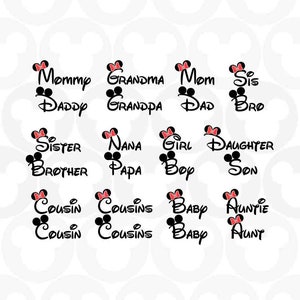 Family Names Bundle, Mickey Minnie Mouse, Family Name Set, Head Ears Bow, Svg Png Formats, Instant Download, Silhouette Cameo, Cricut
