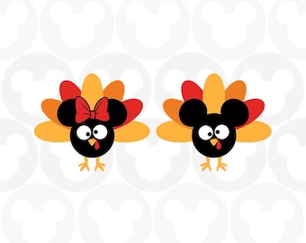May include: Two cartoon turkeys with red and yellow feathers. One turkey has a red bow and the other has Mickey Mouse ears.