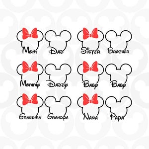 Family Names Bundle, Mickey Minnie Mouse Nana Papa Sis Bro Baby Mom Dad Head Ears Bow, Svg Png Formats, Instant Download, Silhouette, Cricut