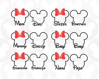 Family Names Bundle, Mickey Minnie Mouse Nana Papa Sis Bro Baby Mom Dad Head Ears Bow, Svg Png Formats, Instant Download, Silhouette, Cricut