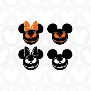 May include: Four black and white Halloween-themed Mickey Mouse and Minnie Mouse heads with Jack Skellington's face. Minnie Mouse has a large orange bow.
